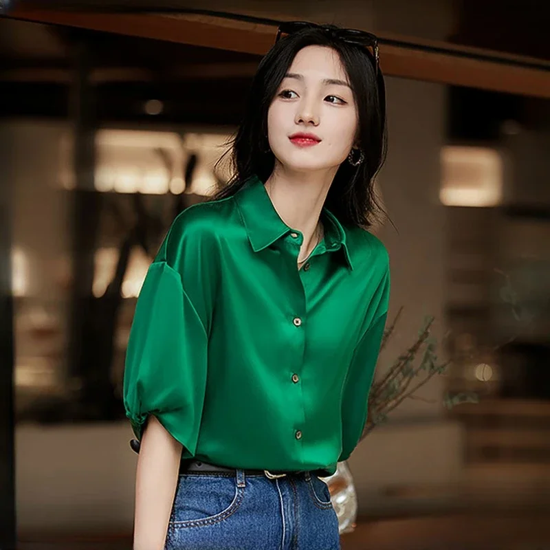 

Satin Women's Shirts Silk Solid Vintage Blouses Polo Neck Spring/Summer New Ladies Clothing Loose Three Quarter Fashion Tops