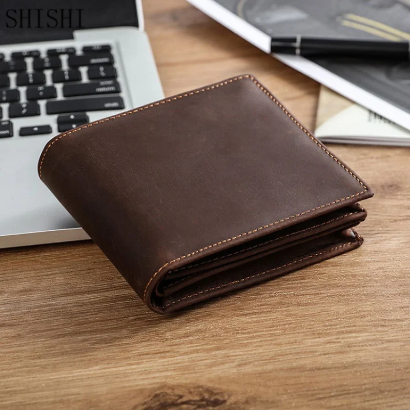 Genuine Leather RFID Anti-Theft Brush Wallet Man Luxury Vintage Wallet Male Handmade Billfold Coin Purse Short Casual Wallet