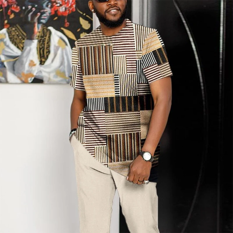 Костюм мужской с геометрическим принтом пуловер коротким рукавом и длинные