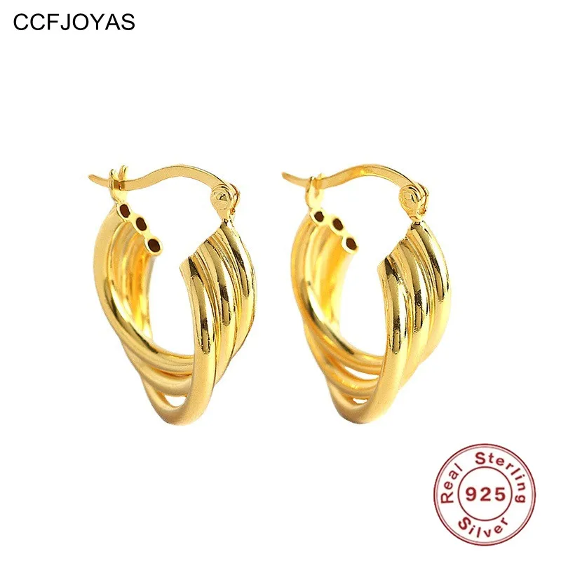 

CCFJOYAS High Quality Punk 925 Sterling Silver Geometric Hoop Earrings for Women European and American Gold Silver color Jewelry