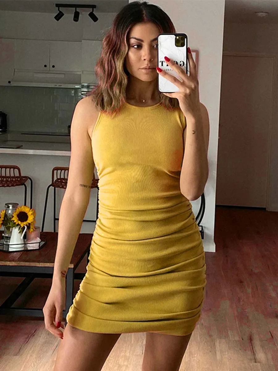 

Ribbed Knit Solid Mini Dresses 2023 Summer Classic Round Neck Strapless Sexy Slim Short Dress For Women Vintage Casual Vestido