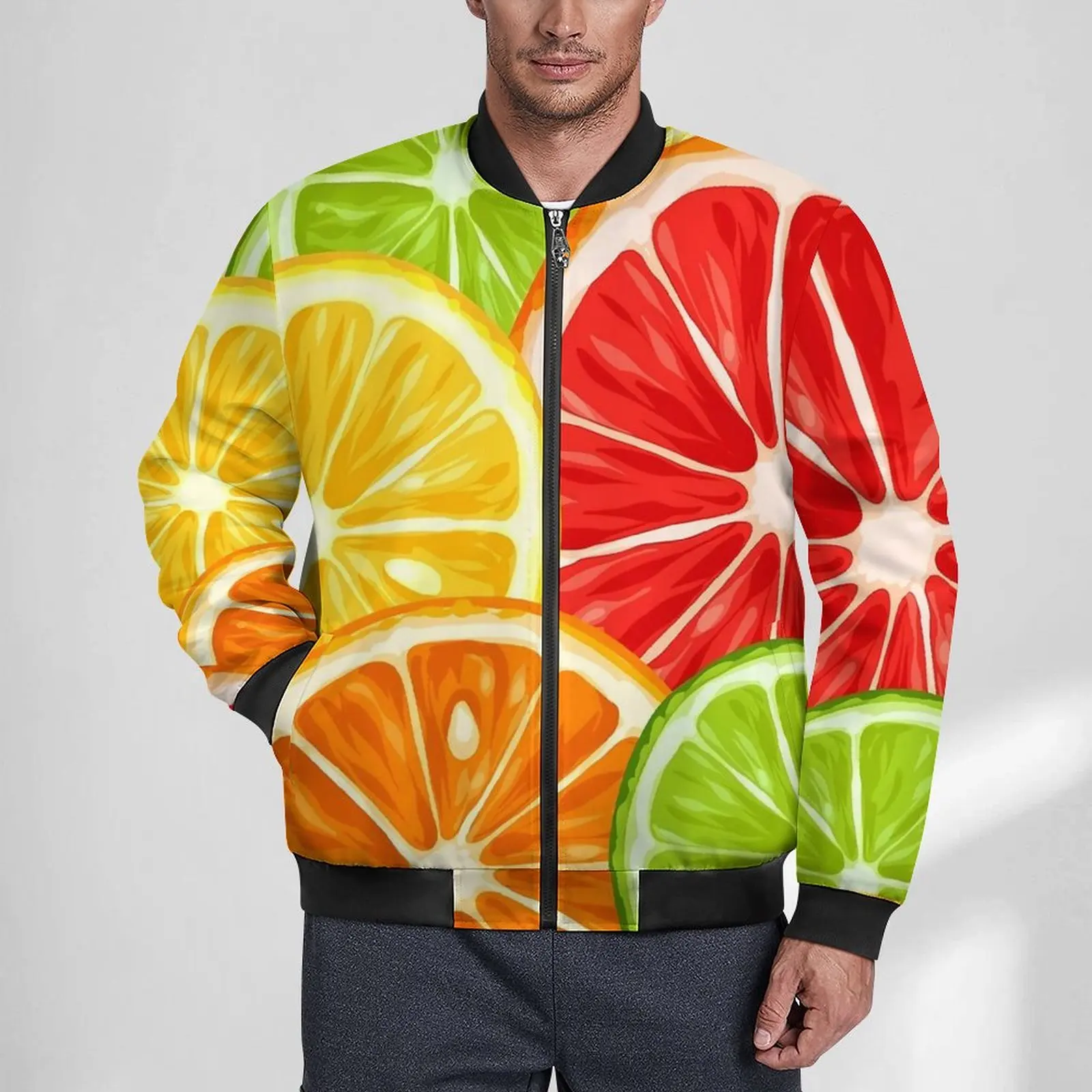 

Colorful Oranges Jackets Male Fruits Print Winter Coats Vintage With Pockets Casual Windbreak Printed Loose Jacket Large Size