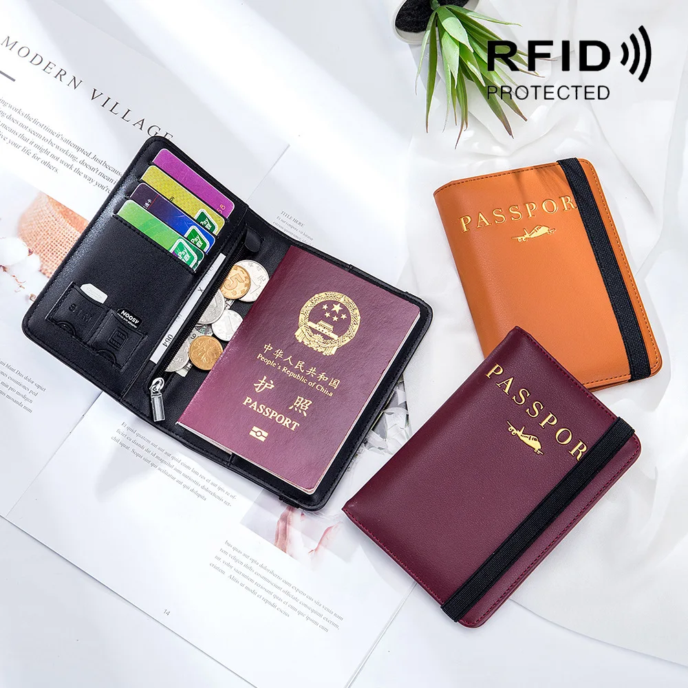 Leather RFID Blocking Passport Holder with Elastic Strap Cowhide Travel Wallets Protector Cover Case Card Holder for Men/Women