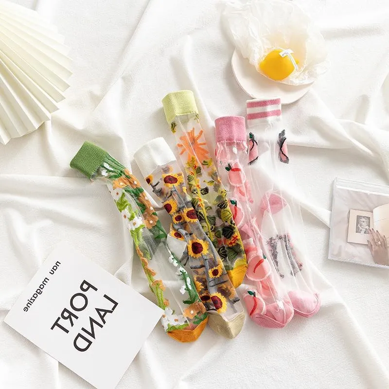 

Новинка, Харадзюку, новый продукт, шелковые носки с кристаллами, забавные Подсолнухи, лоза, цветы, счастливые женские носки, повседневные вы...