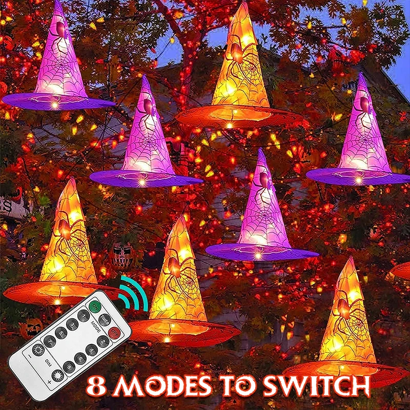 

6/8pcs Glowing Witch Hat Halloween Decoration With Remote Control 8 Mode LED Lights Hats For Outdoor Garden Party Carnival Decor