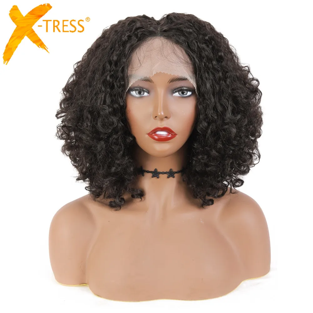 

X-TRESS Short Synthetic Lace Front Wig Middle Part Afro Curly Bob Wigs With Baby Hair Rose Weave Soft Natural Wave Hairstyle