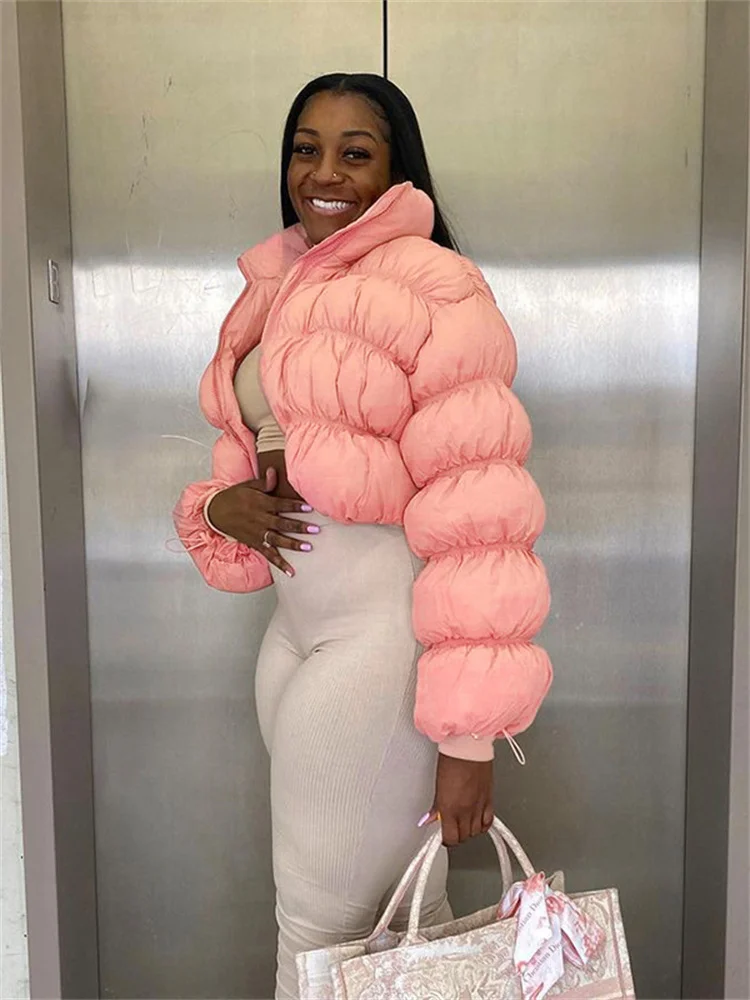 Casual Winter Long Sleeve Zipper Crop Top Bubble Pink Puffer Jacket For Women Outfits Fashion Outdoor Keep Warm Coats Wholesale
