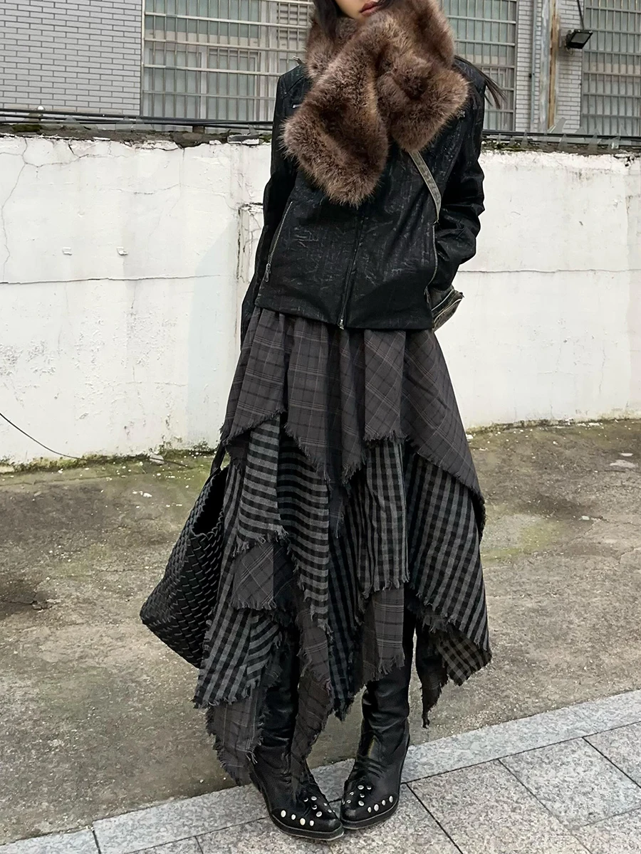 RORORIRI винтажная серая клетчатая юбка с нерегулярной строчкой женская высокой