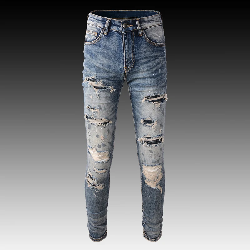 Streetwear Fashion Men Jeans Retro Blue Elastic Slim Fit Destroyed Ripped Jeans Men Painted Designer Hip Hop Denim Punk Pants