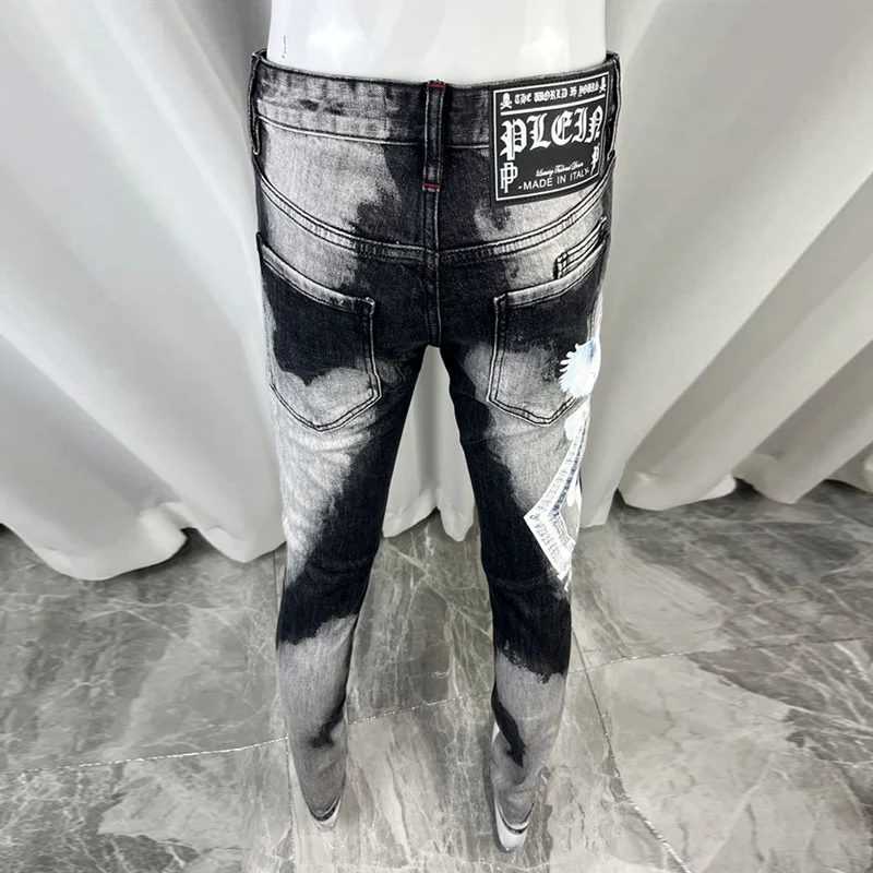 Street Fashion Men Jeans High Quality Retro Black Gray Elastic Slim Fit Printed Jeans Men Brand Designer Hip Hop Pants Hombre
