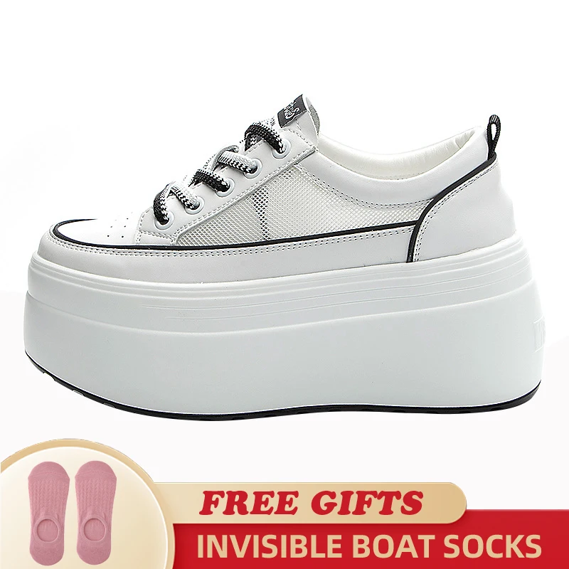 8cm Hollow Air Mesh Genuine Leather 2023 New Fashion Wedge Platform Breathable Concise Vulcanized Summer Ladies Chunky Sneakers