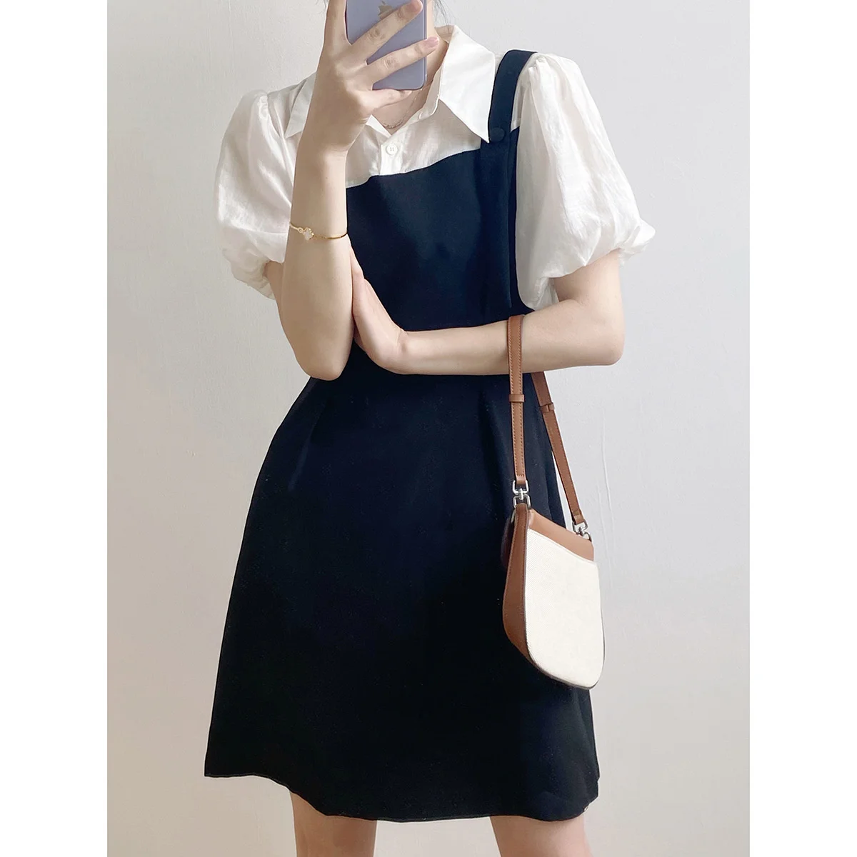 

2 In 1 Lapel Shirt Dress Color Block High Waist Women Midi Dress