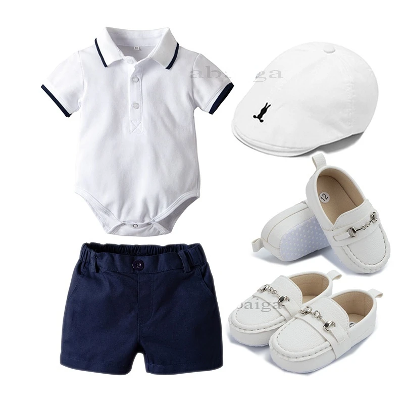 Baptismal for Baby Boy Gentleman Outfit White Polo Shirt Dark Blue Shorts Suit Cotton  Romper Birthday Party Costume