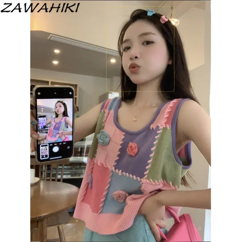 

Floral Plaid Knitted Sleeveless Camisole Women Summer Sweet Y2K Patchwork Contrast Color Loose Cute Casual Versatile Crop Top