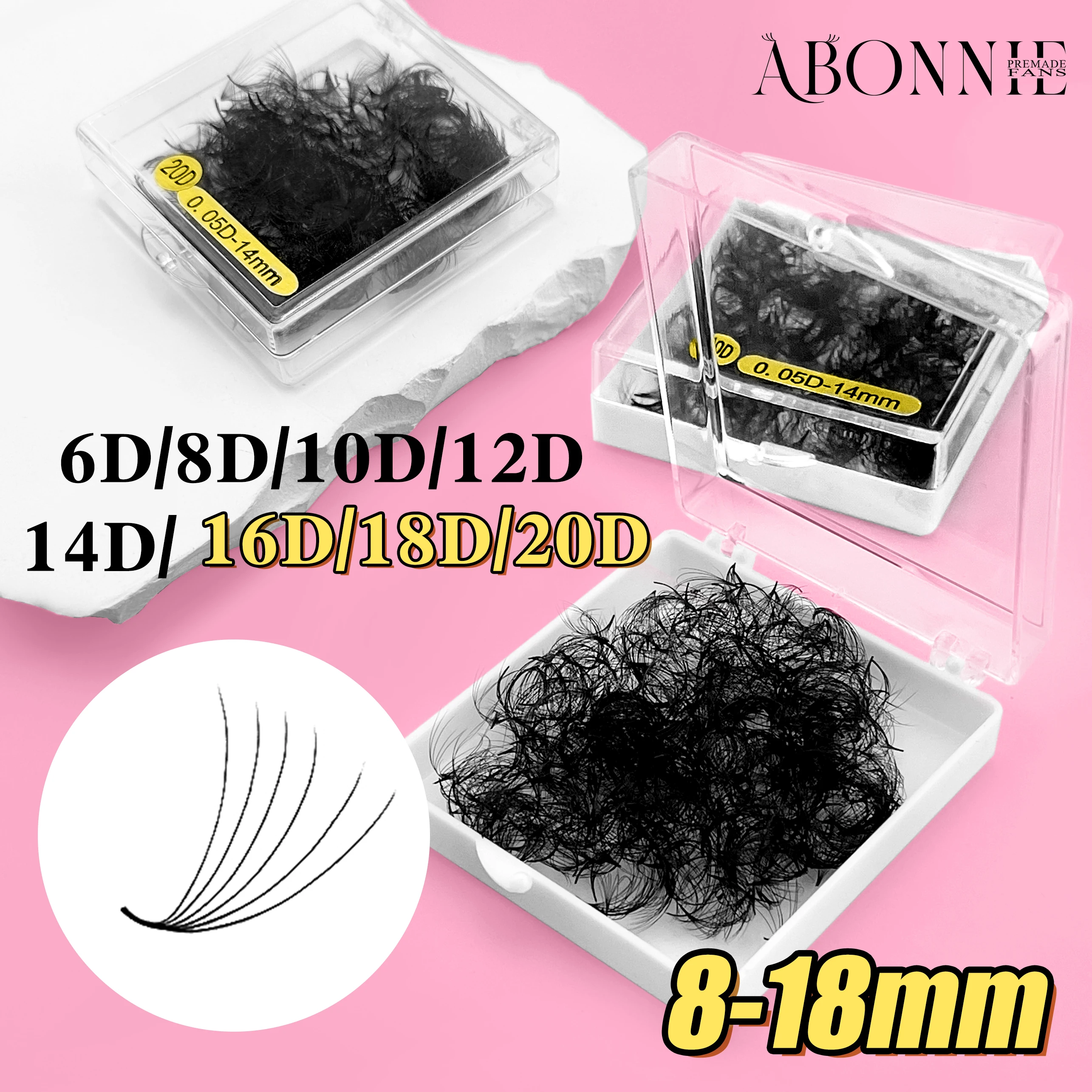Фото Накладные ресницы ABONNIE Wide Pre Made Fans 8D-20D, 8-18 мм, с заостренным основанием, готовые объемные пучки, средний стебель, тонкие, для русского объема №4