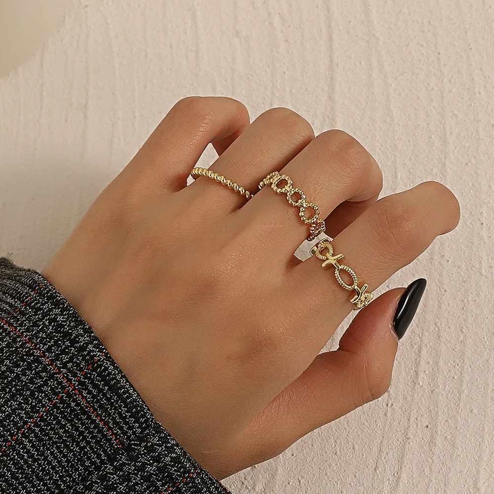 

Simple geometric ring 3 piece set cold wind everything plain ring open joint ring niche design