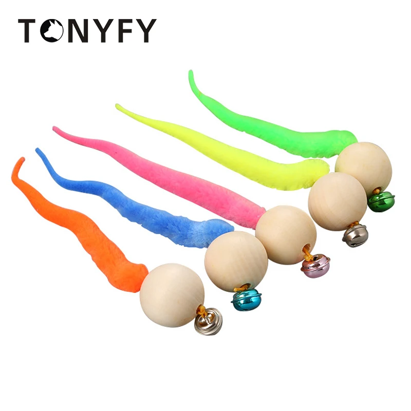 

2PCS Cat Toy Simulation Worm with Bell Wooden Ball Head Tail Interactive Teaser Cat Toys Kitten Catch Games Toy Supplies