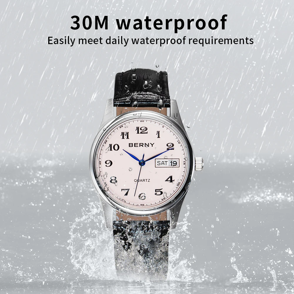 BERNY Miyota 2405 Quartz Watch for Women Day Date Calendar Classic Genuine Leather Lady Watches Waterproof Business Wristwatch