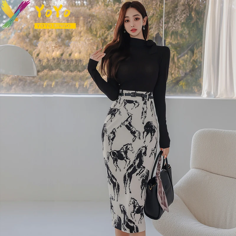 Женский деловой костюм черный топ с высоким воротником и длинным рукавом белая