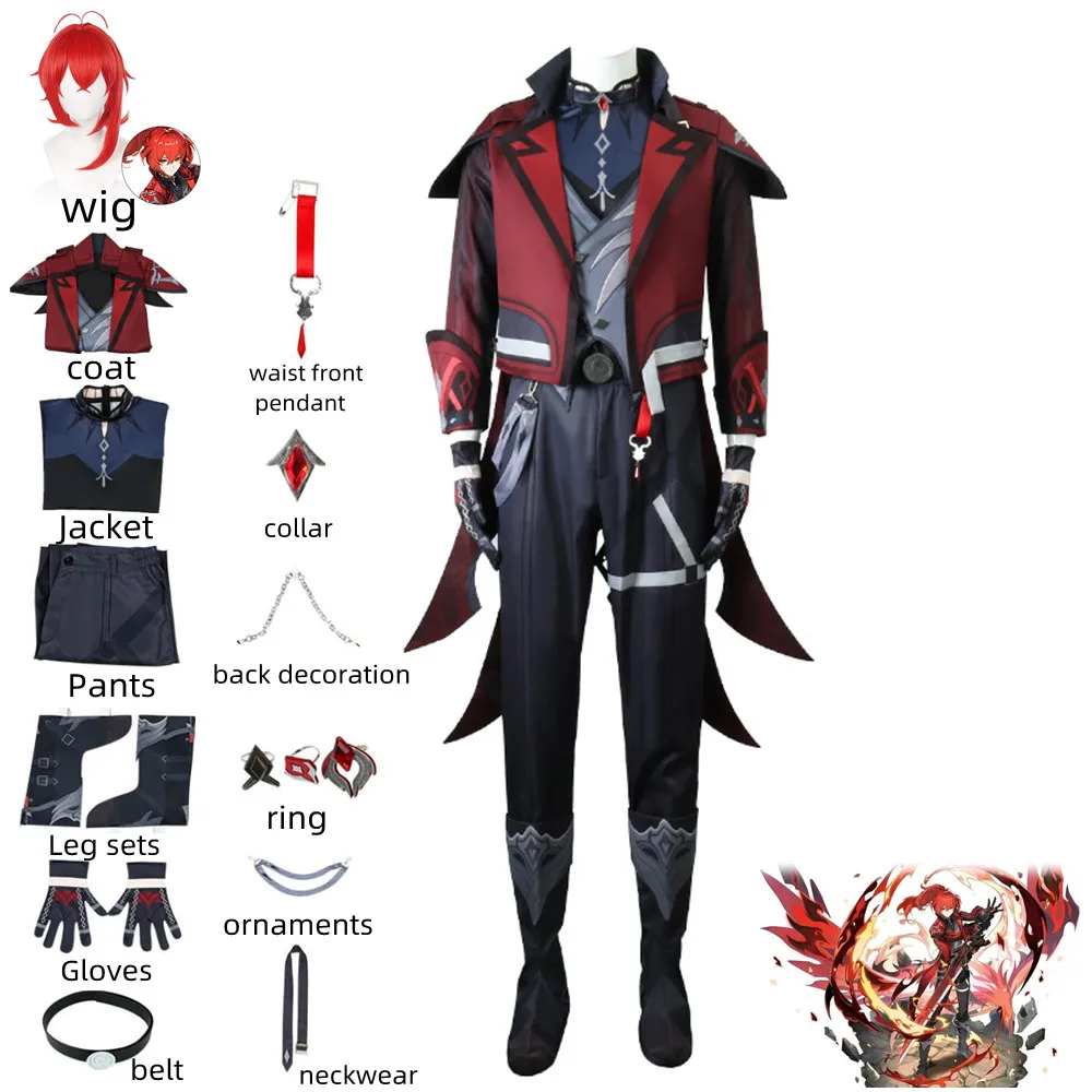 

Anime Game Genshin Impact Diluc Ragnvindr Cosplay Costume New Skin Red Dead of Night Mondstadt Wig Combats Man Halloween Suit