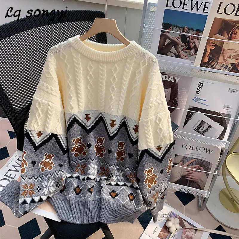 

Cartoon Jacquard O Neck Sweater Pullovers for Women Autumn Winter Puff Sleeve Preppy Style Twist Knitted Top Lq_songyi SY39