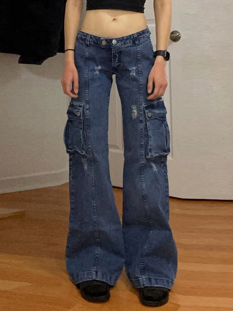 

WeiYao Y2K Low Waisted Denim Cargo Pants Vintage Harajuku 2000s Straight Jeans for Women Streetwear Fashion Cute Trousers