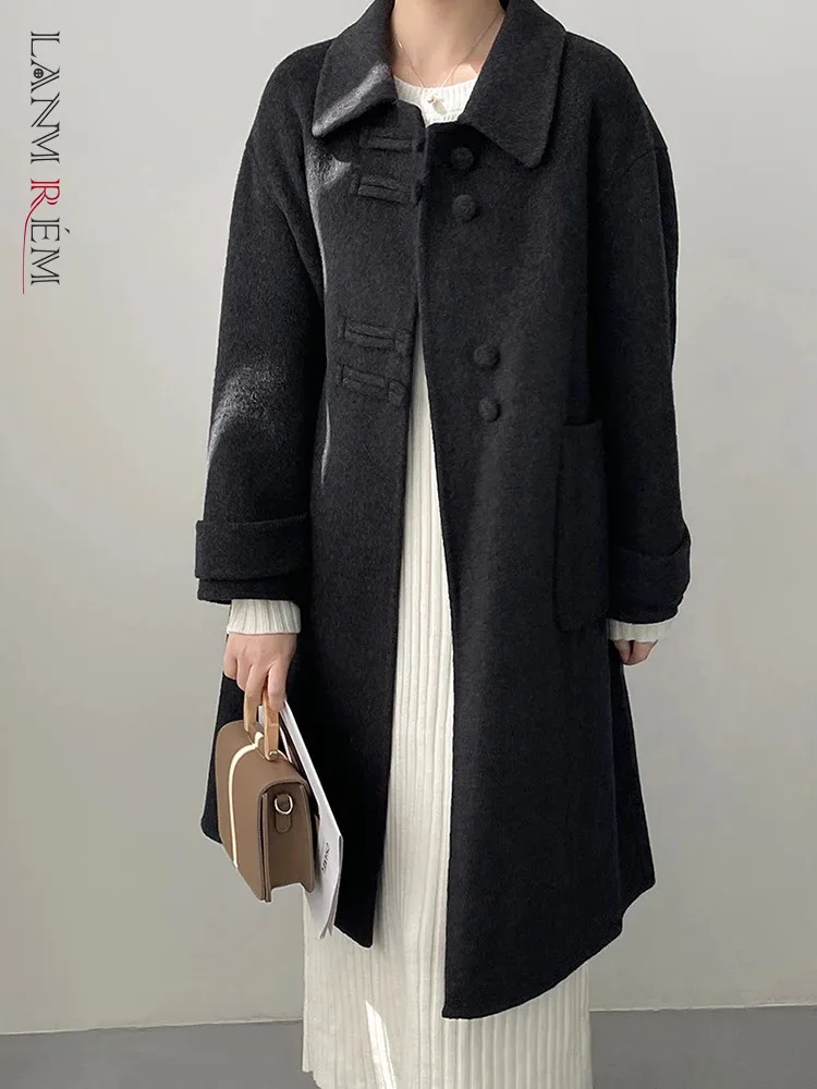 

[LANMREM] Dark Gray Wool Coats Long For Women Lapel Single Breasted Thick Warm Office Lady Outwear 2023 Winter New 26D6932