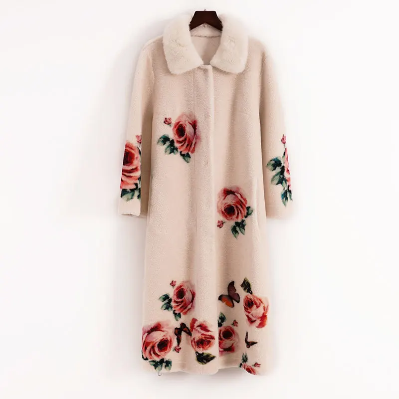 Winter Women's Wool Jacket Long Print Floral Flower Overcoat Spring New High Quality Fashion Thick Warm Fur Sheep Shearing Coat