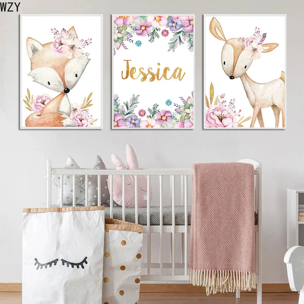 

Nursery Wall Poster Print Personalized Room Wall Art Customize Named Canvas Kids Painting Flower Fox Dear Rabbit Animals Picture