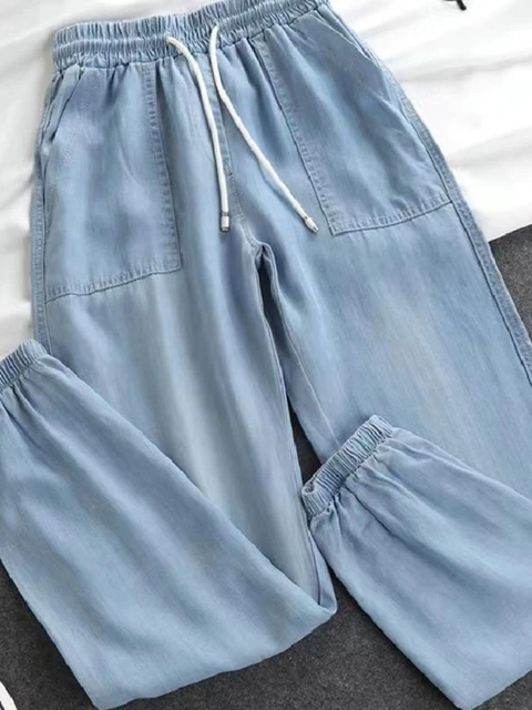 Women Pants Summer New 2023 LOOSE Lace-up Thin High Elastic Woman Jeans Oversize Trousers Soft Cool Female Casual Denim Pants 2