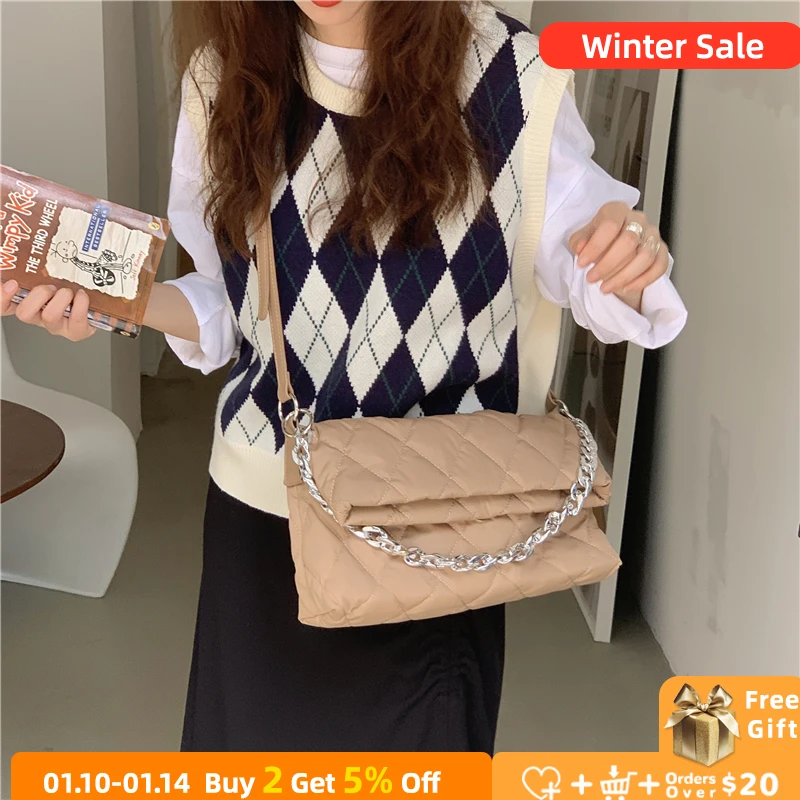 

Fashion Women Quilted Down Shoulder Crossbody Bags Large Capacity Ladies Chain Strap Underarm Bag Female Clutch Purse Handbags