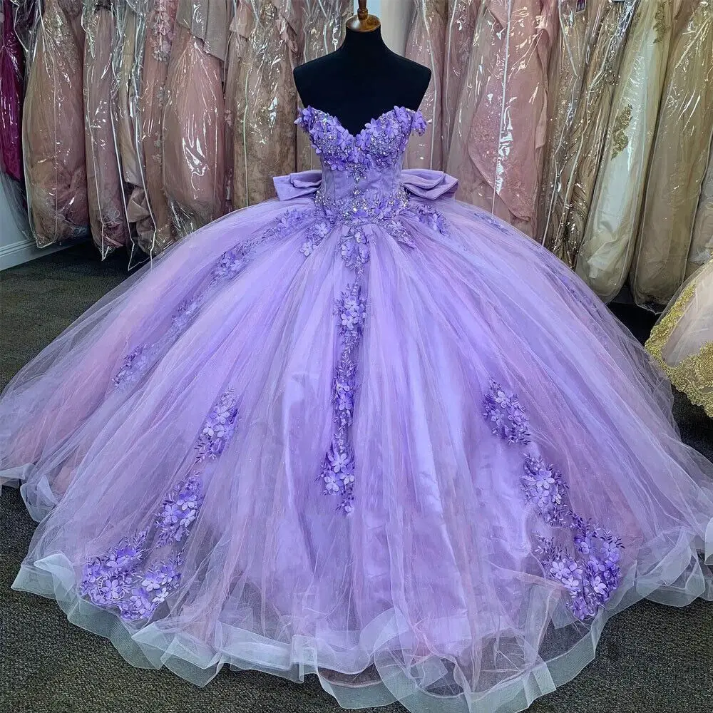 ANGELSBRIDEP Лаванда ​ Платья Quinceañera с бантом и 3D цветами аппликациями Vestidos De 15 лет