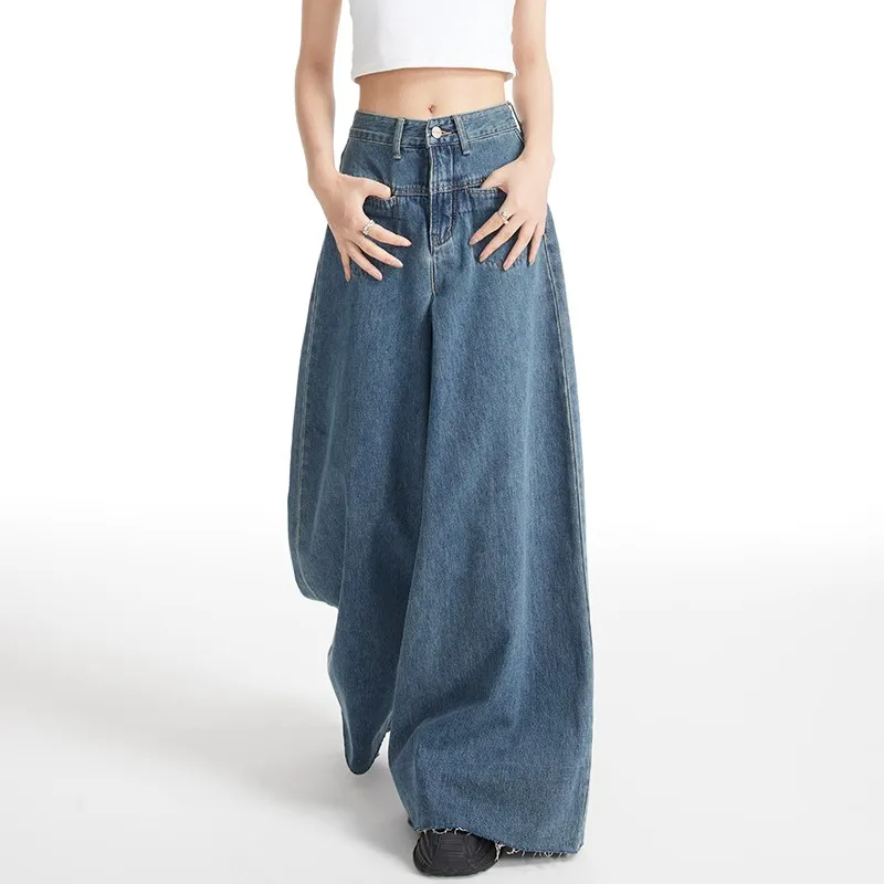 

Винтажные женские джинсы WCFCX STUDIO Y2k с широкими штанинами, винтажные потертые брюки из денима с завышенной талией в американском стиле, уличная одежда