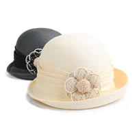 womens fedora hat pearl flower ribbon top straw sun hat designer luxury chic fascinator hat cocktail party church sinamay cap