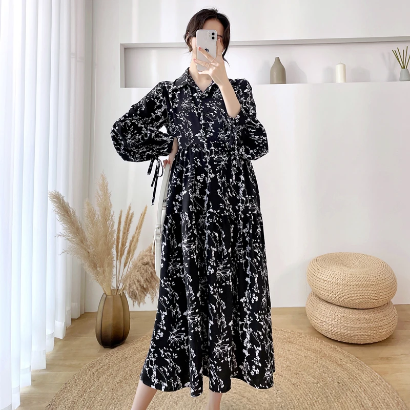 

8901# 2022 Spring Korean Fashion Black Printed Chiffon Maternity Long Dress Chic Ins A Line Loose Clothes for Pregnancy Women