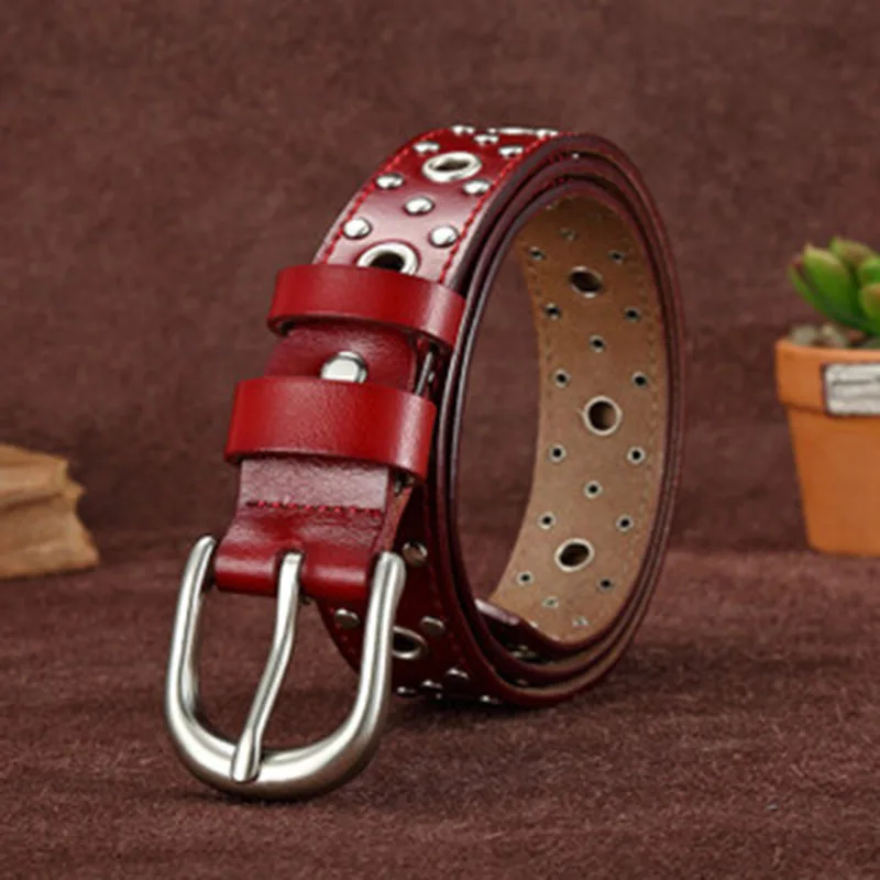 2022 New Ladies Needle Leather Belt Japanese and Korean Jeans Decorative Belt Fashion Casual Belt Hollow Rivet Punk Belt