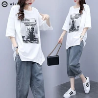 large size t shirt brim two piece new spring and summer 2022 ms han edition show thin fashion leisure pants suit