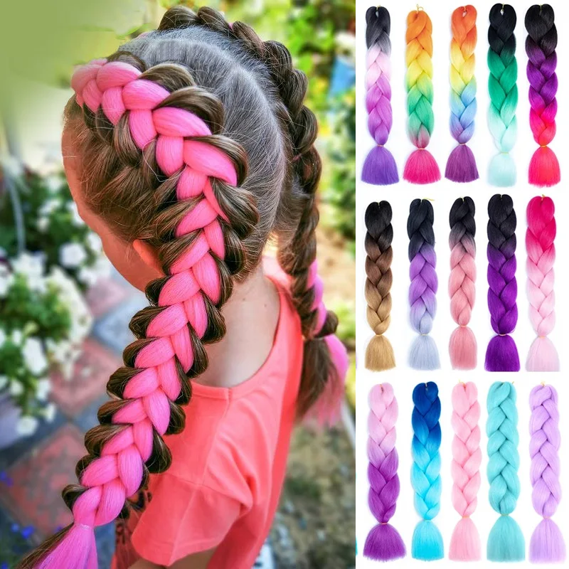 Synthetic Braiding Hair 24 Inch Jumbo Braid Ombre Jumbo Hair Extension for Women DIY Hair Braids Purple Pink Yellow Red
