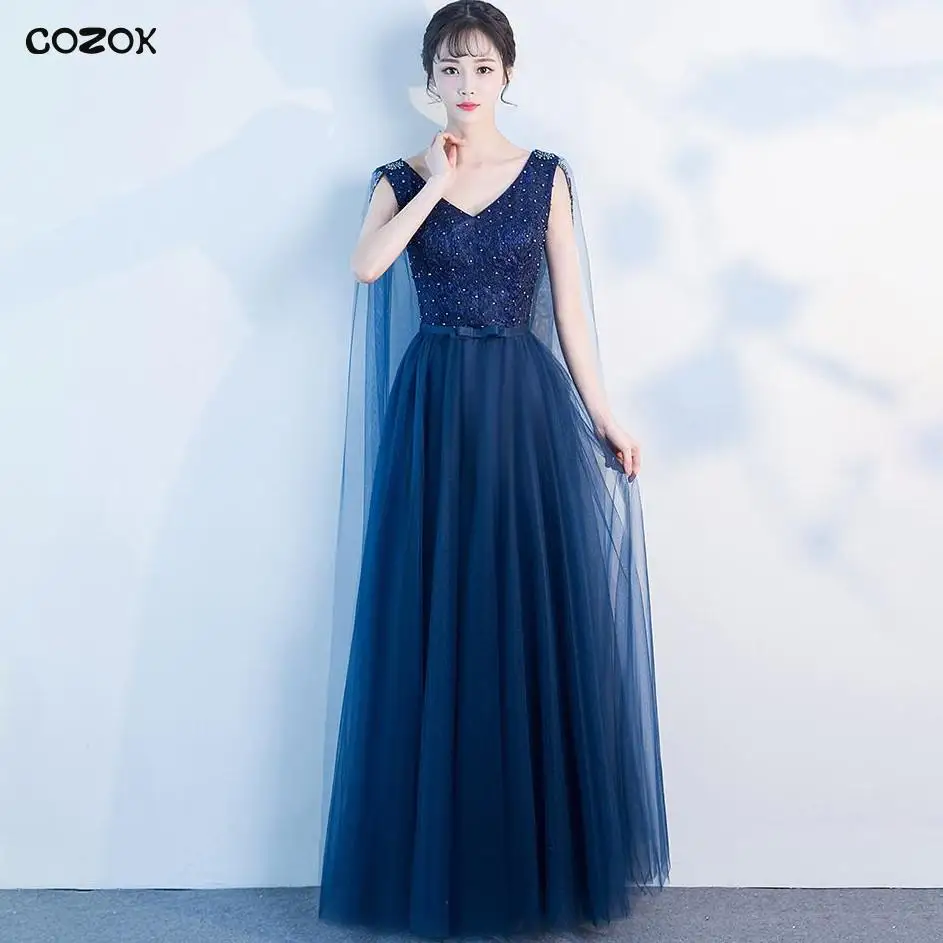 COZOK Mesh Pleated V-Neck Cheongsam Beads Bandage Evening Party Dress Gown Women Floor Length Qipao Navy Blue Vestidos De Festa