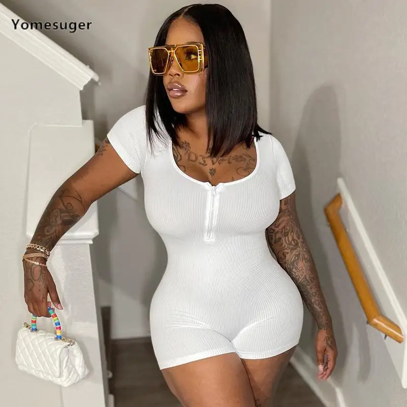

Yomesuger Ribbed Knit Casual U-Neck Short Sleeve Slim Playsuit Women Fall 2023 Fashion Sporty Fitness One Piece Romper Overall