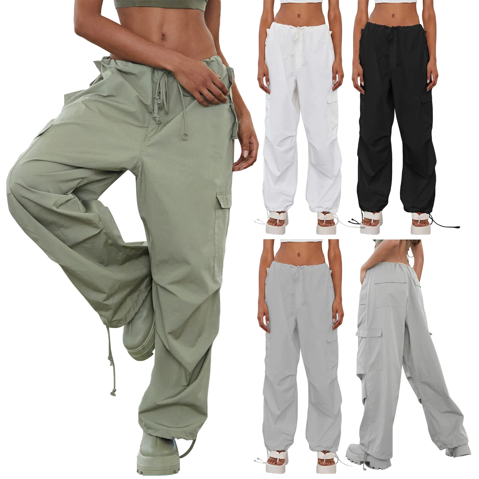 

Combhasaki Women Y2K Grunge Drawstring Cargo Pants Loose Side Big Pockets Solid Color Casual Summer Spring Long Sports Trousers
