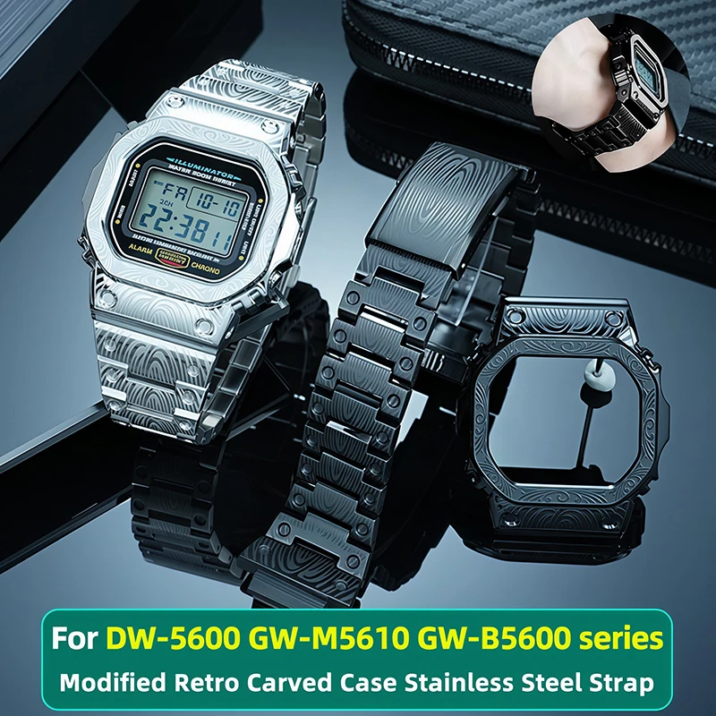 Фото Винтажный гравированный мод-кит 5610 5600 для Casio G-SHOCK 3299 DW5600 GW-M5610 GW-B5600: корпус и ремешок из нержавеющей стали, аксессуары №1