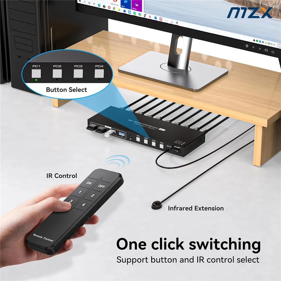 Фото MZX 8K HDMI-совместимый KVM-переключатель 1 монитор 4K 144Гц 4x1 USB 3.0 хаб-переключатель для 4 компьютеров, позволяющий совместно использовать клавиатуру, мышь, USB-принтер. №5