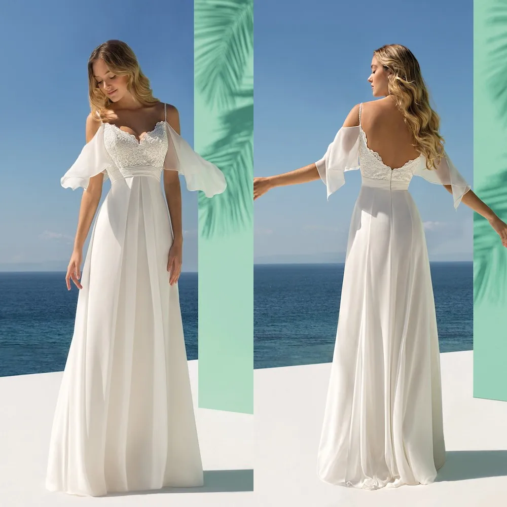 Купи Bohemian V-neck Beach Wedding Dress 2022 A-line Sleeveless Spaghetti Straps Lace Applique Backless Vestido De Noiva за 6,434 рублей в магазине AliExpress