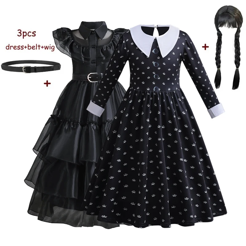 Wednesday Cosplay Dress for Girls Kids Movie Wednesday Cosplay Costumes Black Gothic Dresses Halloween Party Costumes 3-12Yrs