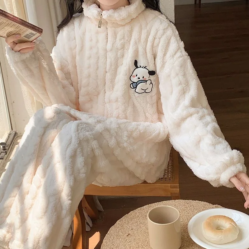 

Sanrio Kawaii Pajamas Kuromi Pochacco Cartoon Anime Cute Winter Styles Plush Long Sleeved Thickening Zipper Home Clothing Set