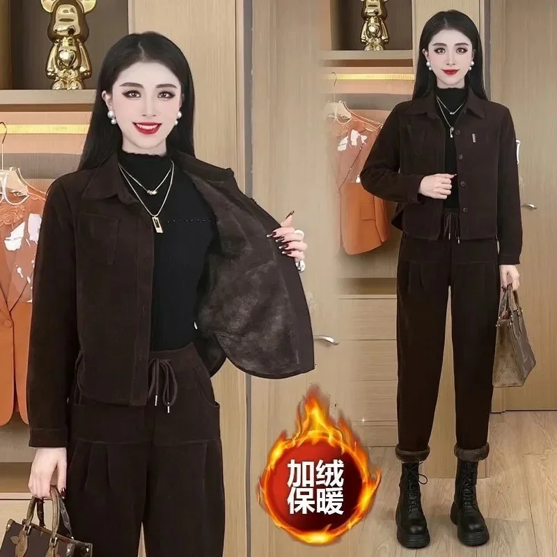 Осенне-зимние толстые вельветовые комплекты 2024 повседневные брючные костюмы