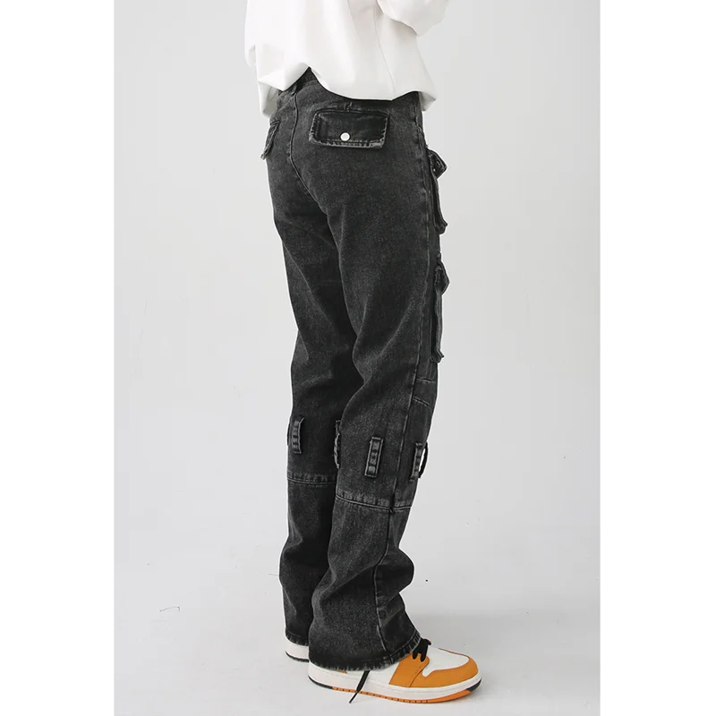 Streetwear Men 2022 New Pattern Recreational  Straight Cylinder  Black Jeans Multiple Pockets Loose  Cargo Pants Autumn Female