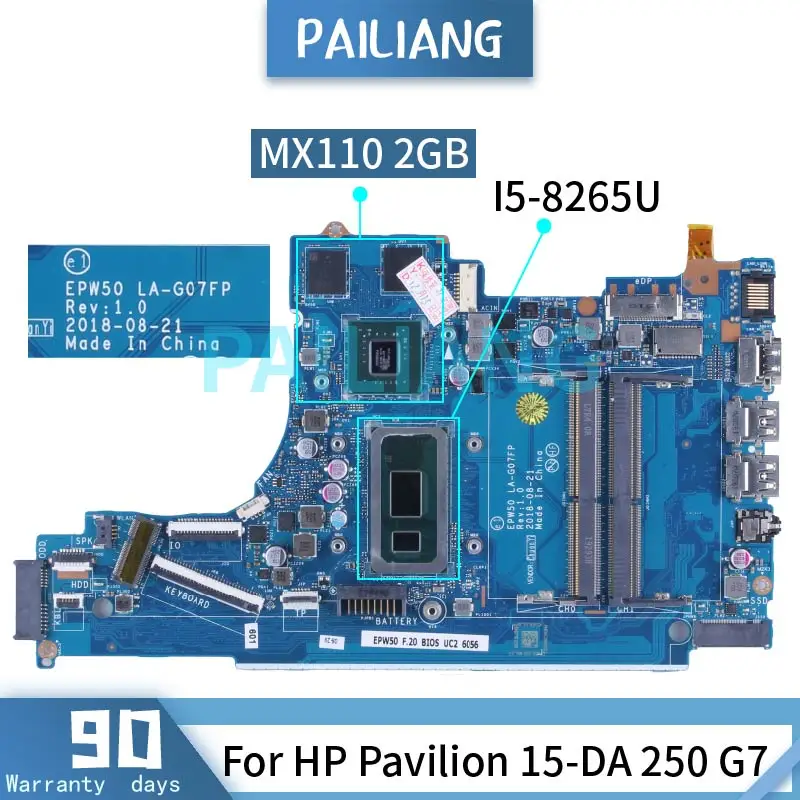 Для HP Pavilion 15-DA 250 G7 I5-8265U MX110 2GB Материнская плата для ноутбука EPW50 LA-G07FP DDR4 L65506-601 -