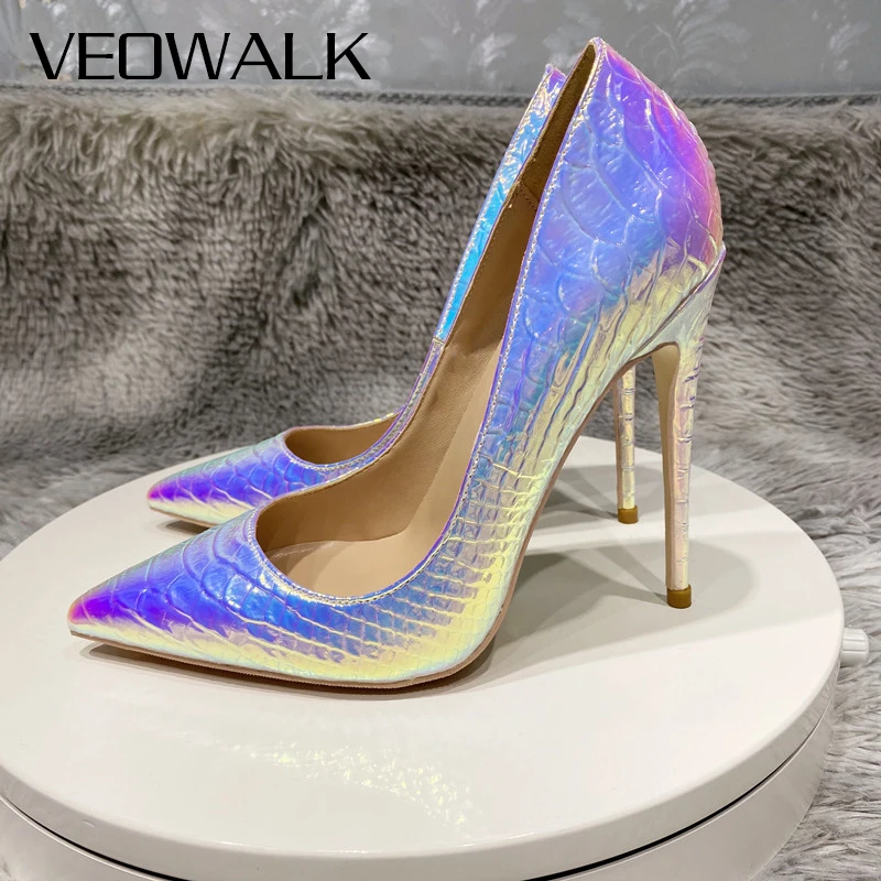 

Veowalk Laser Silver Women Shiny Crocodile Effect Pointed Toe Stiletto Pumps Sexy 8cm 10cm 12cm High Heel Party Dress Shoes